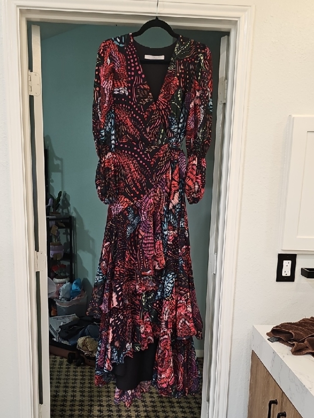 Hutch Black Multi V-Neck Long Sleeve Ruffle Maxi Dress